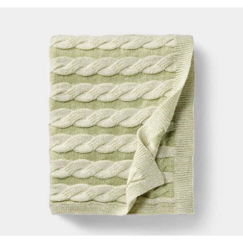 50"x60" Twisted Cable Throw Blanket Green and Cream - Threshold Studio McGee NEW